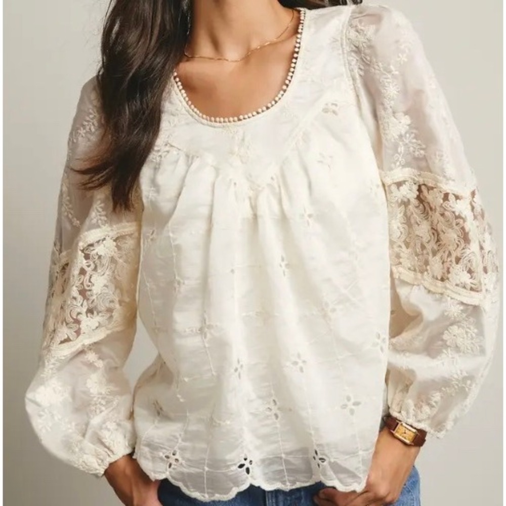 Boho‎ Western White Eyelet Embroidered Balloon Sleeve Blouse Forte SZ L